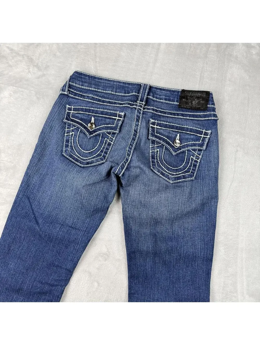 True Religion Blue Denim Jeans Women 28x31 USA Made Striaght Leg Y2K Rainstone - Picture 11 of 12